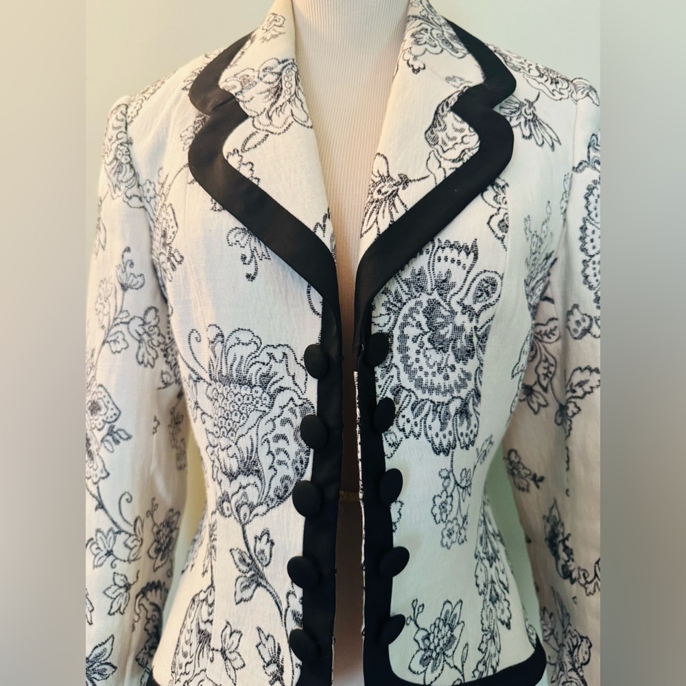[Zelda] Vintage Black & White Floral Lined Blazer Sz 6 Tailored Statement Jacket - Picture 4 of 12